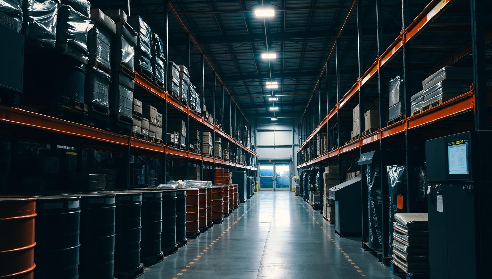 Industrial supply warehouse stocked with lubricants, automation panels and spare parts